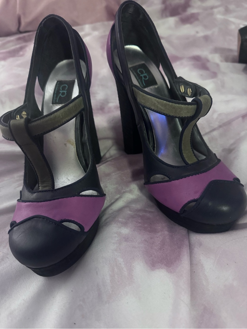 Cynthia Rowley Navy Blue, Purple and Moss Green Platform t-strap Heels - Women - Picture 4 of 7
